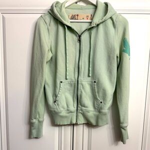 GAP Womens Medium Mint Green Zip Hoodie 2 Front Pockets Green Doves on Sleeve